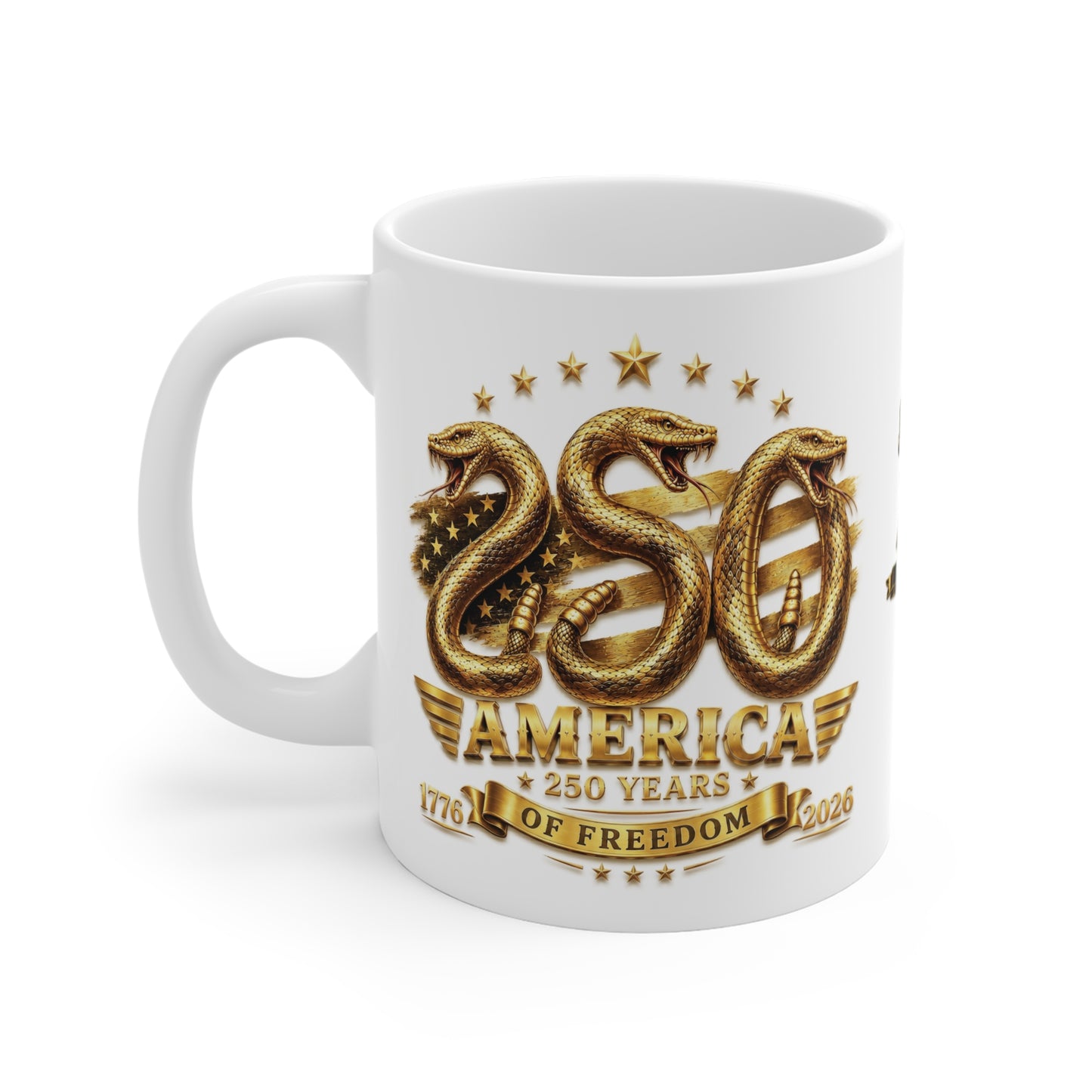 America 250 Years of Freedom Mug | 1776–2026 Commemorative Coffee Mug with Patriotic Rattlesnake Design