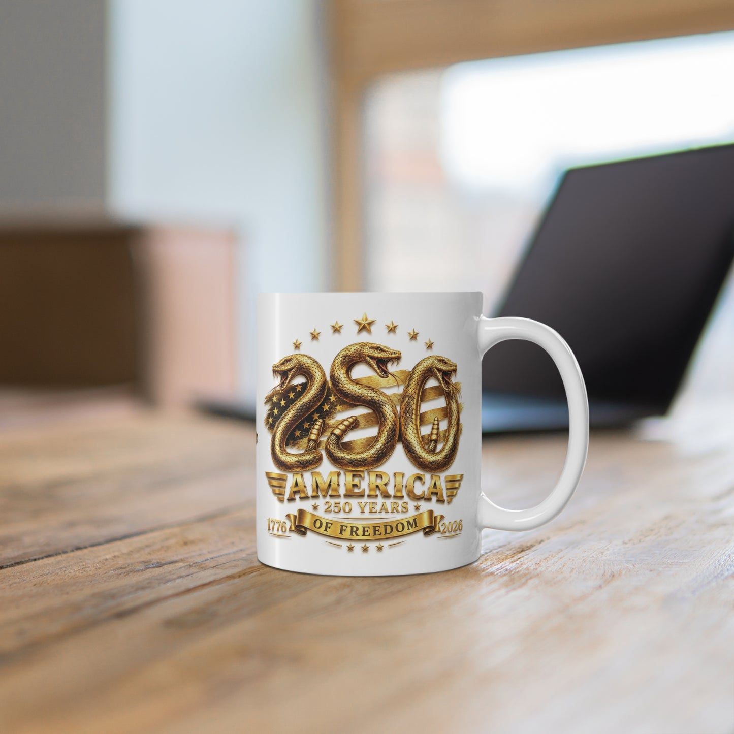 America 250 Years of Freedom Mug | 1776–2026 Commemorative Coffee Mug with Patriotic Rattlesnake Design