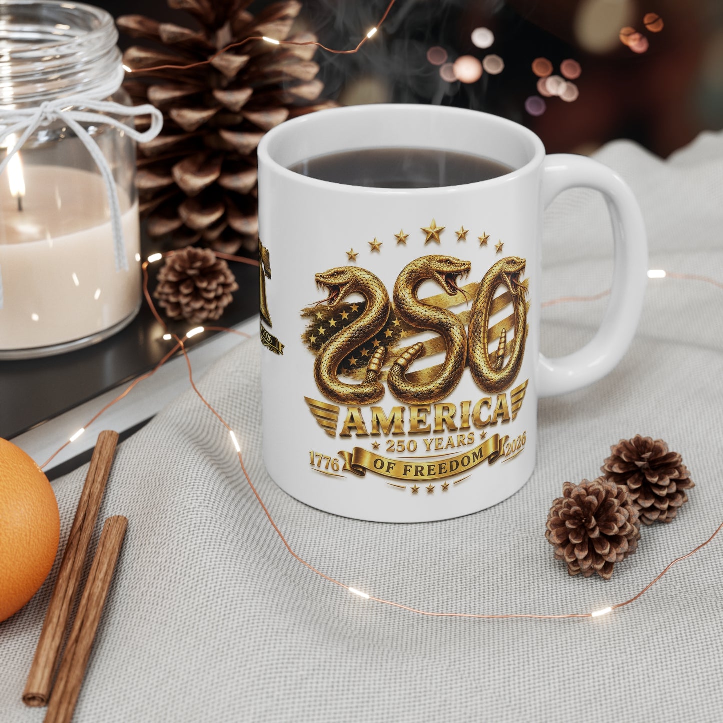 America 250 Years of Freedom Mug | 1776–2026 Commemorative Coffee Mug with Patriotic Rattlesnake Design