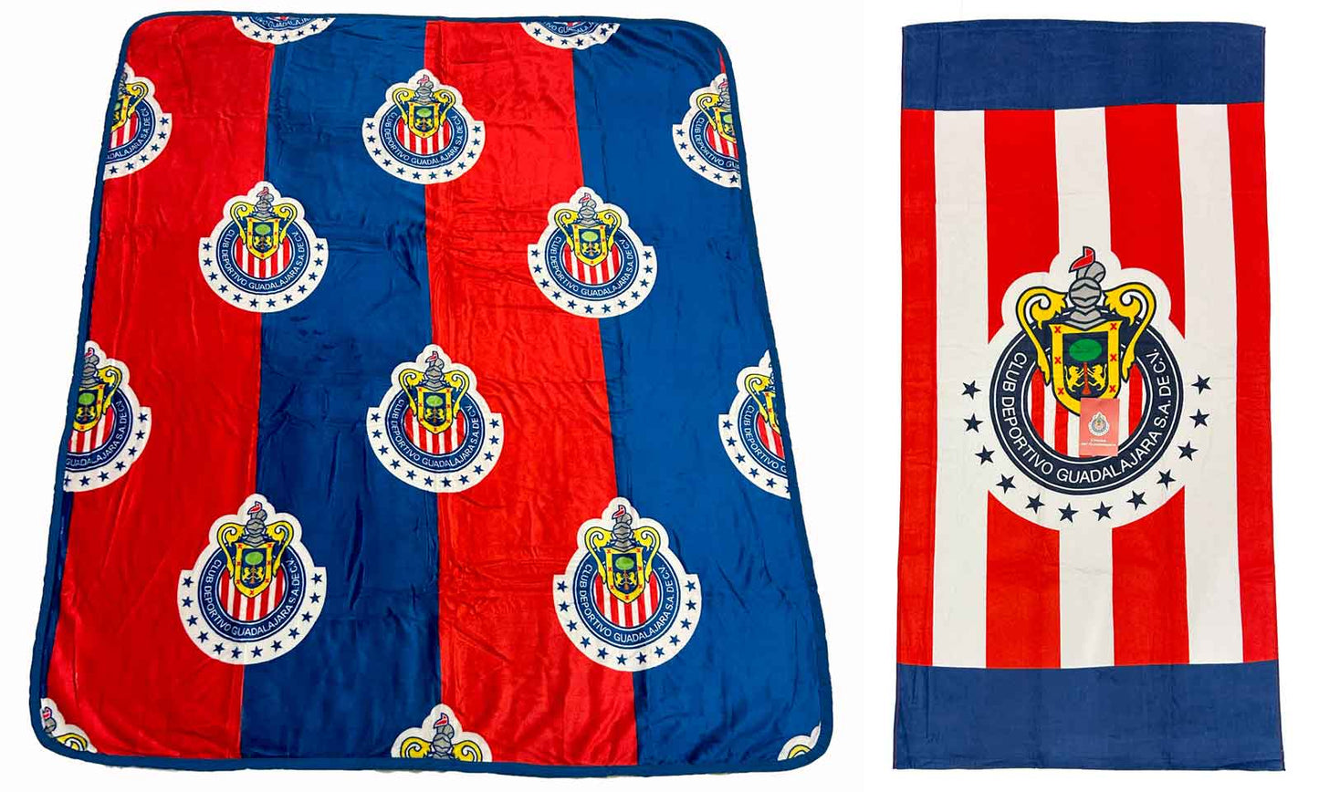 Chivas Soccer Luxury Plush Throw Blanket 50x60 inch and Lightweight 100% Cotton Towel 30x60 in